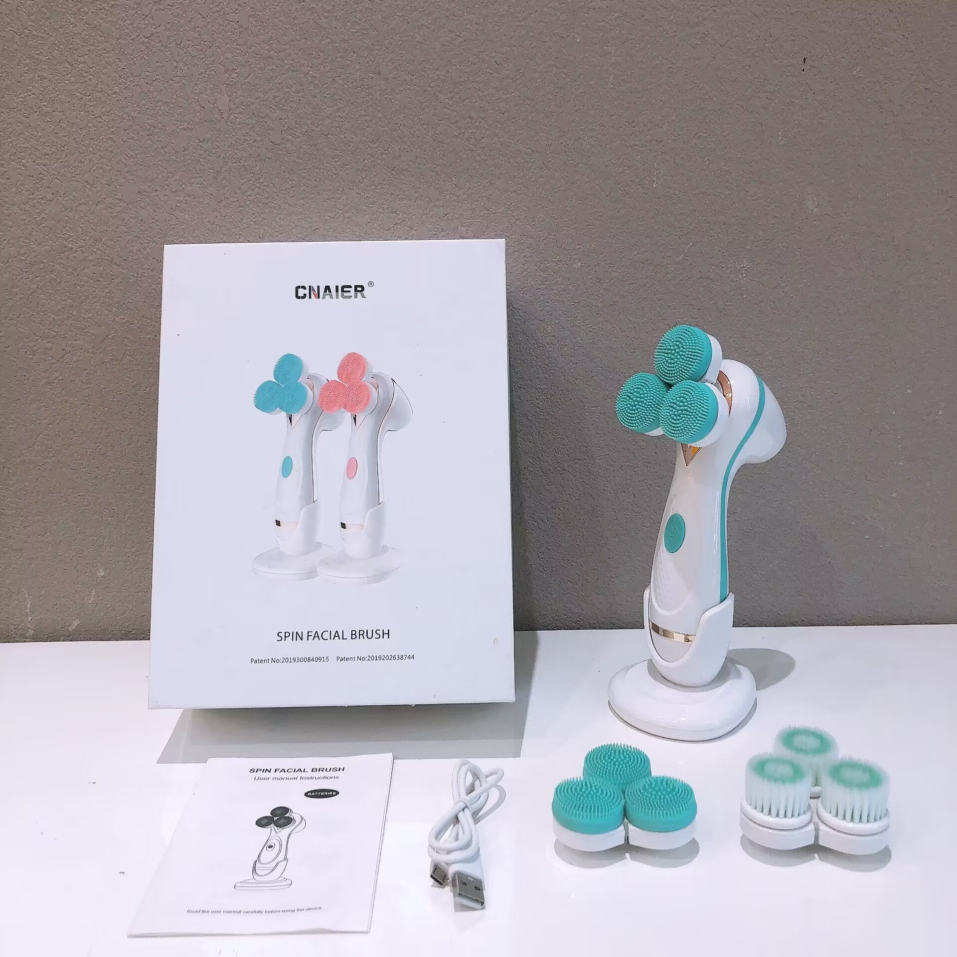 Blue 3-Head Electric Facial Cleansing Brush - Rechargeable Spin Scrubber Kit V888-ELOSUNG26214