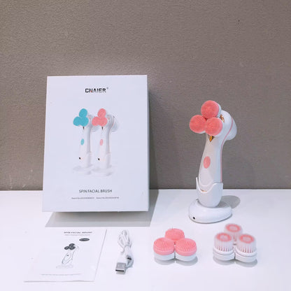 Pink 3-Head Electric Facial Cleansing Brush - Rechargeable Spin Scrubber Kit V888-ELOSUNG26215
