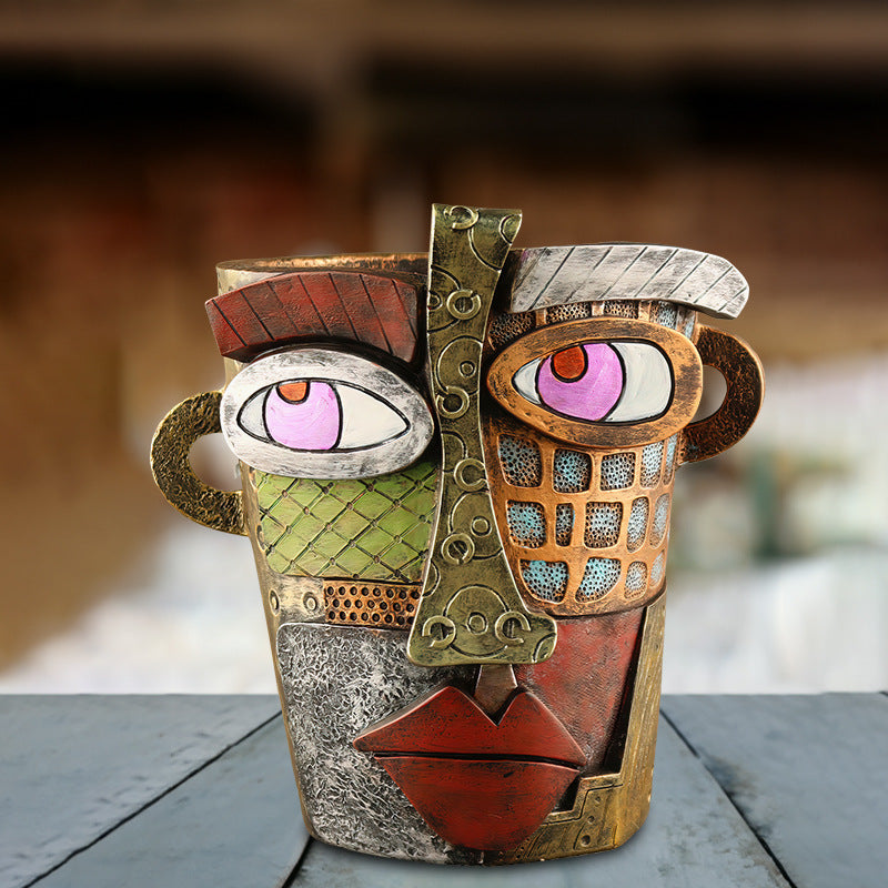 Abstract Face Planter Pot - Artistic Resin Decor for Succulents & Plants (Antique Style - 12.5*12*9CM) V888-ELOSUNG26216