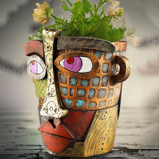 Abstract Face Planter Pot - Artistic Resin Decor for Succulents & Plants (Antique Style - 12.5*12*9CM) V888-ELOSUNG26216