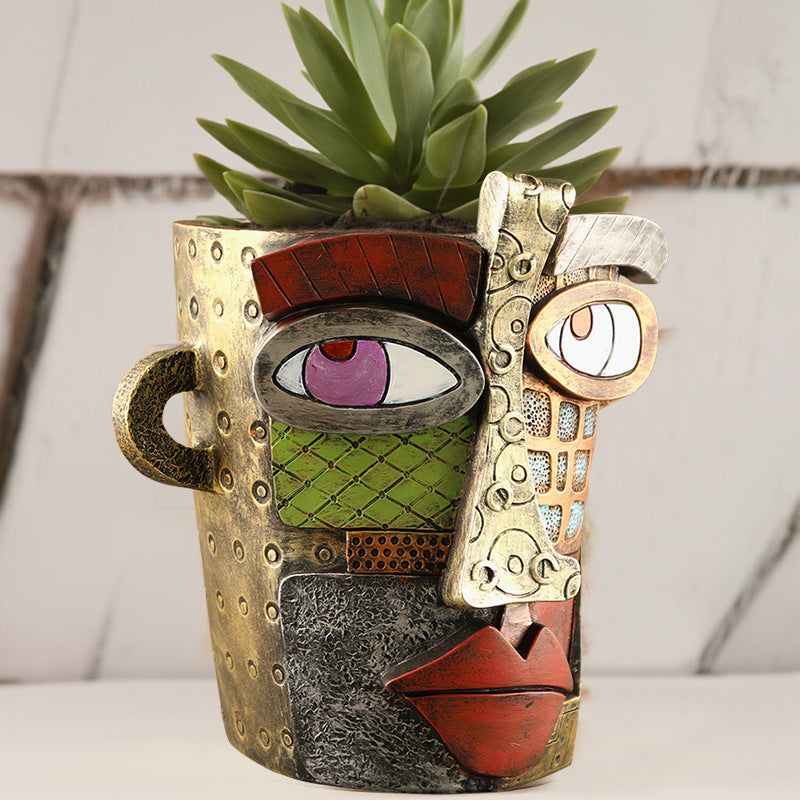 Abstract Face Planter Pot - Artistic Resin Decor for Succulents & Plants (Antique Style - 12.5*12*9CM) V888-ELOSUNG26216