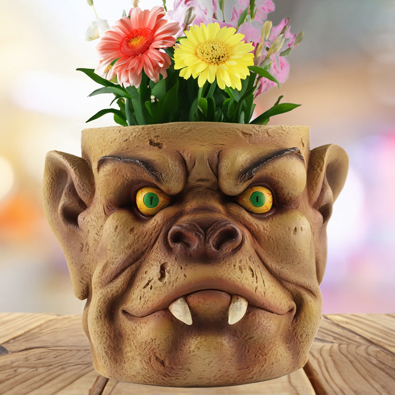 Brown Unique Goblin Head Planter Pot - Resin Monster Face for Succulents & Decor (Style 2) V888-ELOSUNG26221