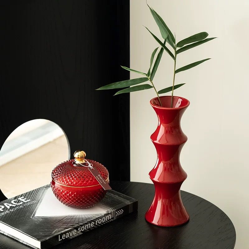 Glossy Red Ceramic Vase - Unique Bamboo-Look Design (25.5x9x7cm) V888-ELOSUNG26223
