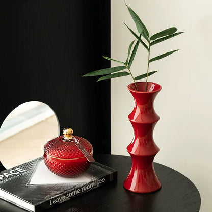 Glossy Red Ceramic Vase - Unique Bamboo-Look Design (25.5x9x7cm) V888-ELOSUNG26223
