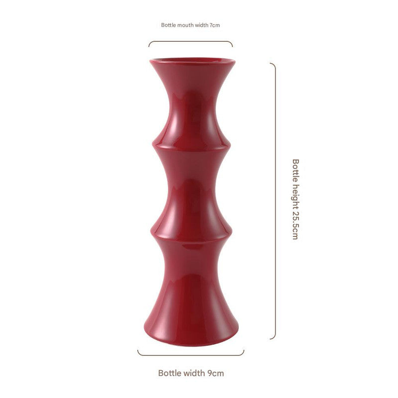 Glossy Red Ceramic Vase - Unique Bamboo-Look Design (25.5x9x7cm) V888-ELOSUNG26223