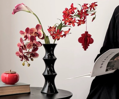 Glossy Black Ceramic Vase - Unique Bamboo-Look Design (25.5x9x7cm) V888-ELOSUNG26224