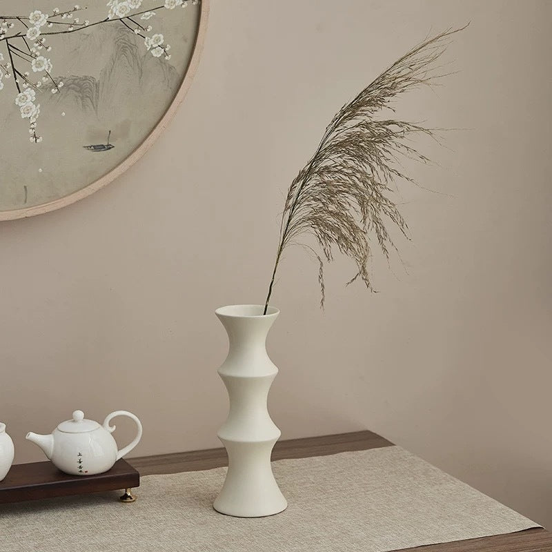 Matte White Ceramic Vase - Unique Bamboo Shape Design (25.5x9x7cm) V888-ELOSUNG26225