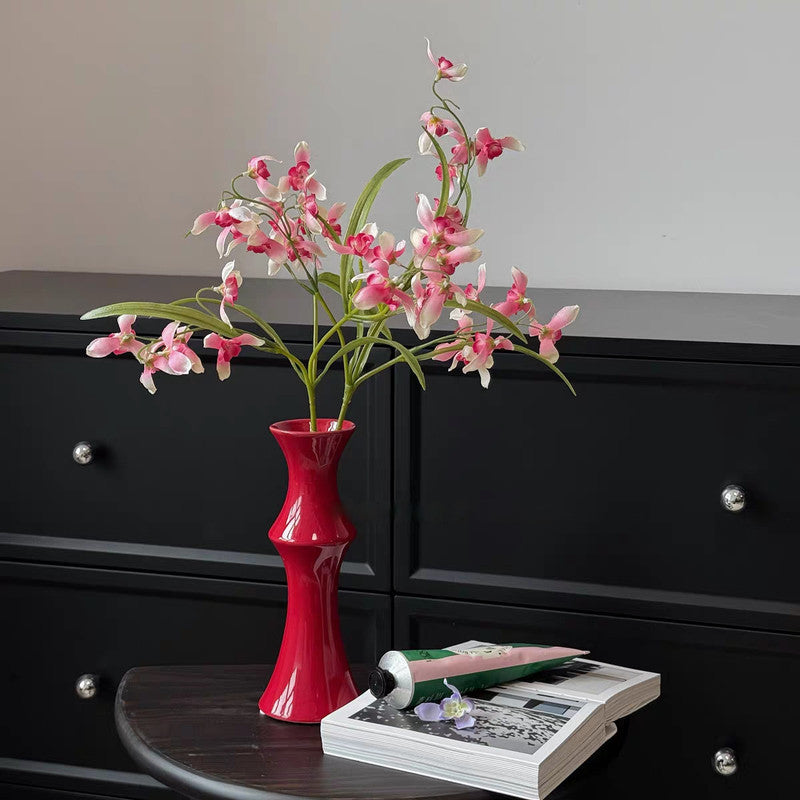 Glossy Red Ceramic Vase - Unique Bamboo-Look Design (20x8x5.5cm) V888-ELOSUNG26226
