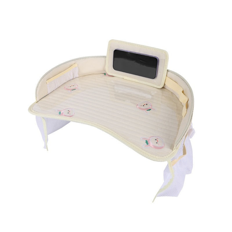Kids Car Seat Travel Tray - Waterproof Lap Desk with Storage Pockets (Beige bunny - Round) V888-ELOSUNG26231