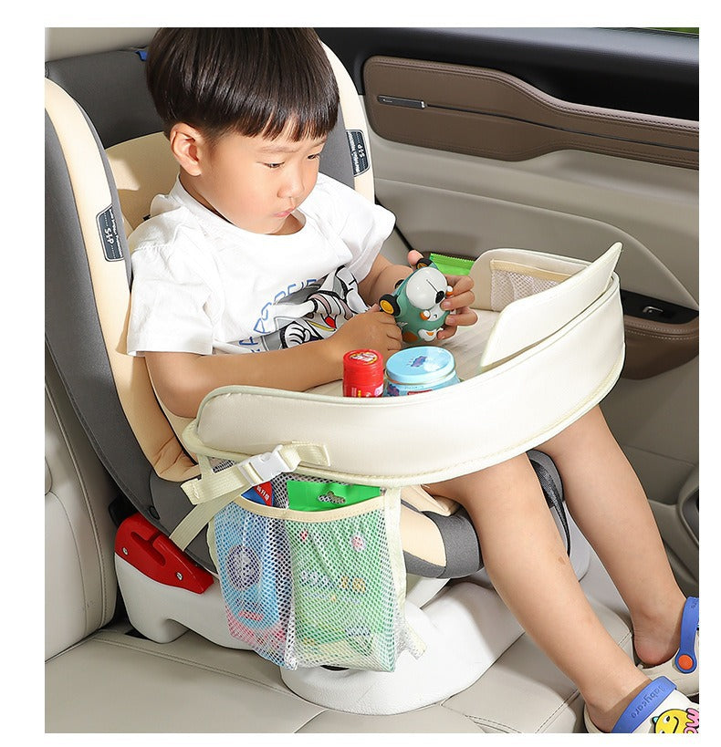 Kids Car Seat Travel Tray - Waterproof Lap Desk with Storage Pockets (Beige bunny - Round) V888-ELOSUNG26231