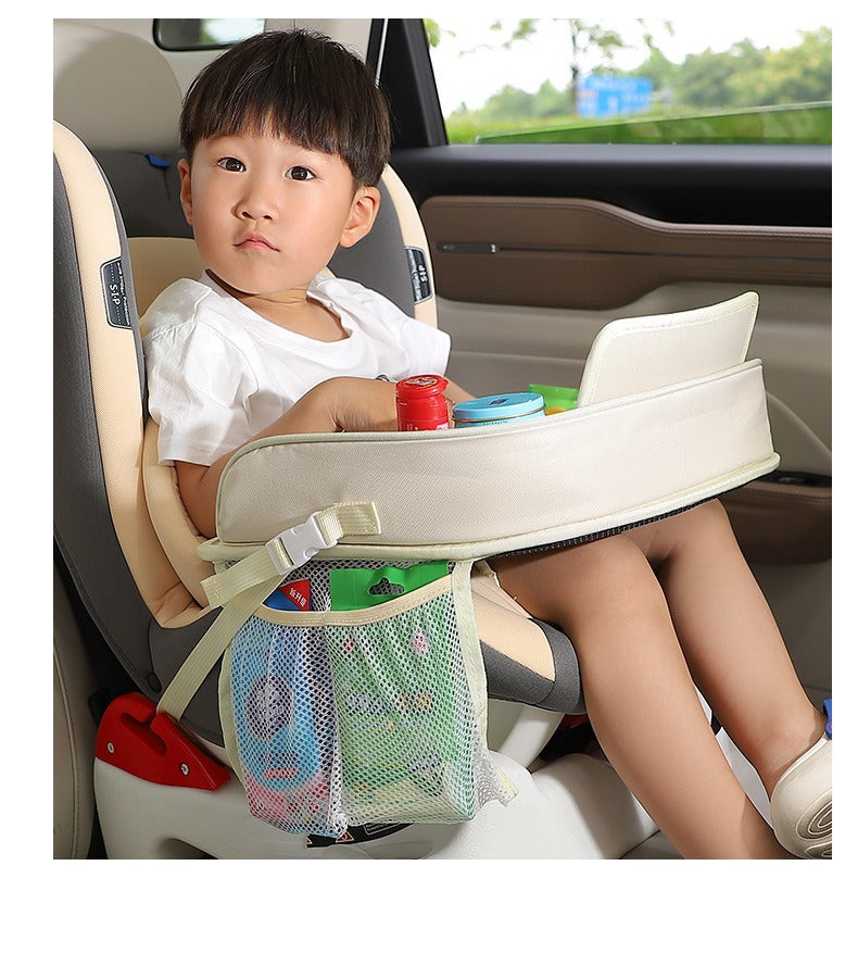 Kids Car Seat Travel Tray - Waterproof Lap Desk with Storage Pockets (Beige bunny - Round) V888-ELOSUNG26231