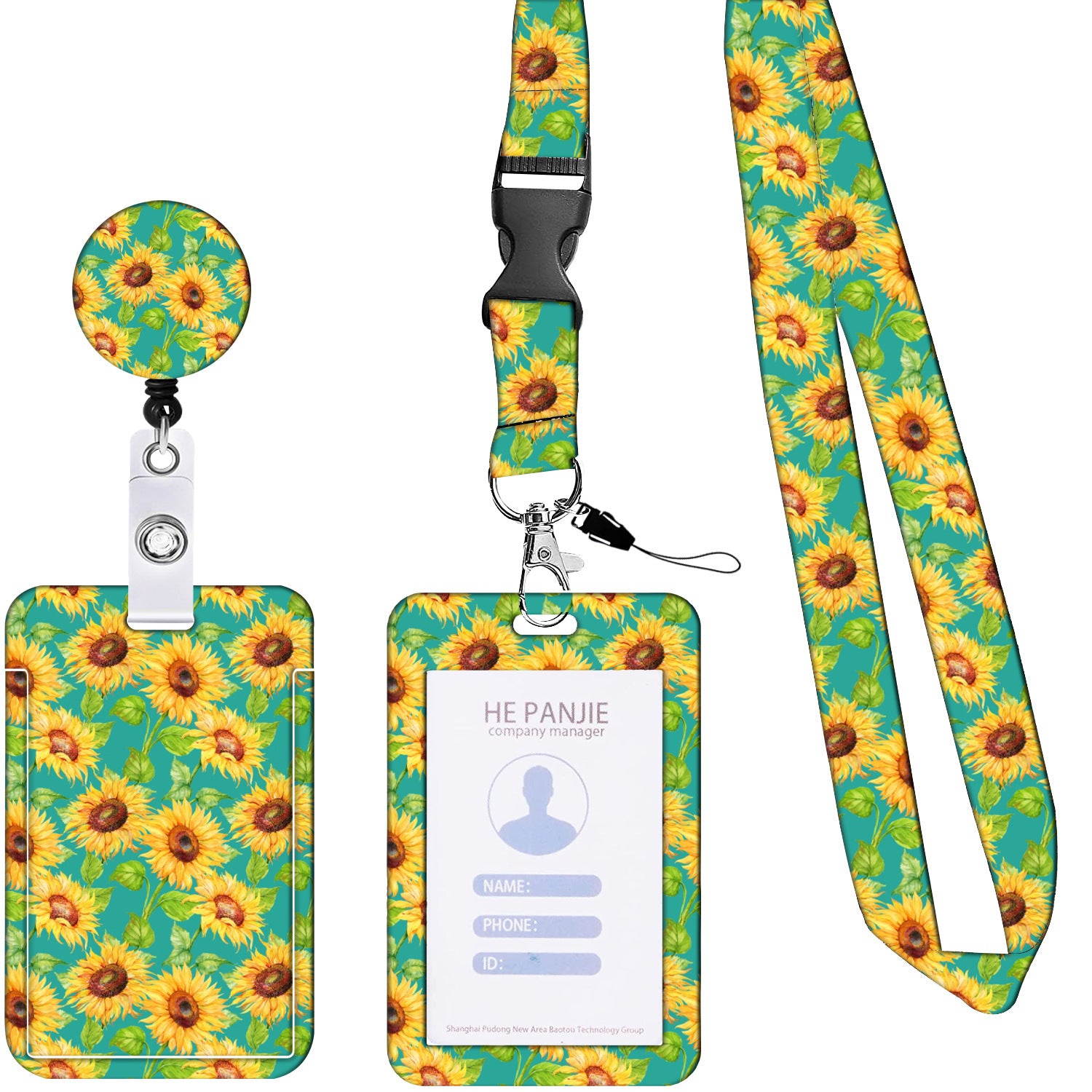2-pcs Retractable ID Badge Reel Lanyard Set with Vertical Hard Plastic Card Holder - Green sunflowers (Style V888-ELOSUNG26238