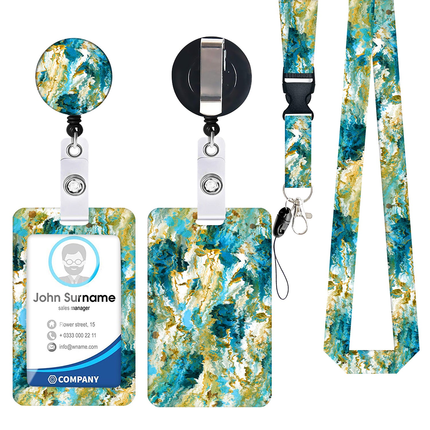 2-pcs Retractable ID Badge Reel Lanyard Set with Vertical Hard Plastic Card Holder - Blue rock patterns V888-ELOSUNG26239