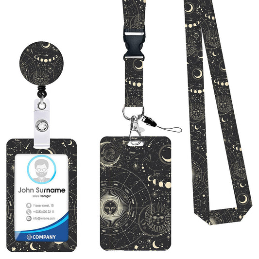 2-pcs Retractable ID Badge Reel Lanyard Set with Vertical Hard Plastic Card Holder - Black starry sky (Style V888-ELOSUNG26242