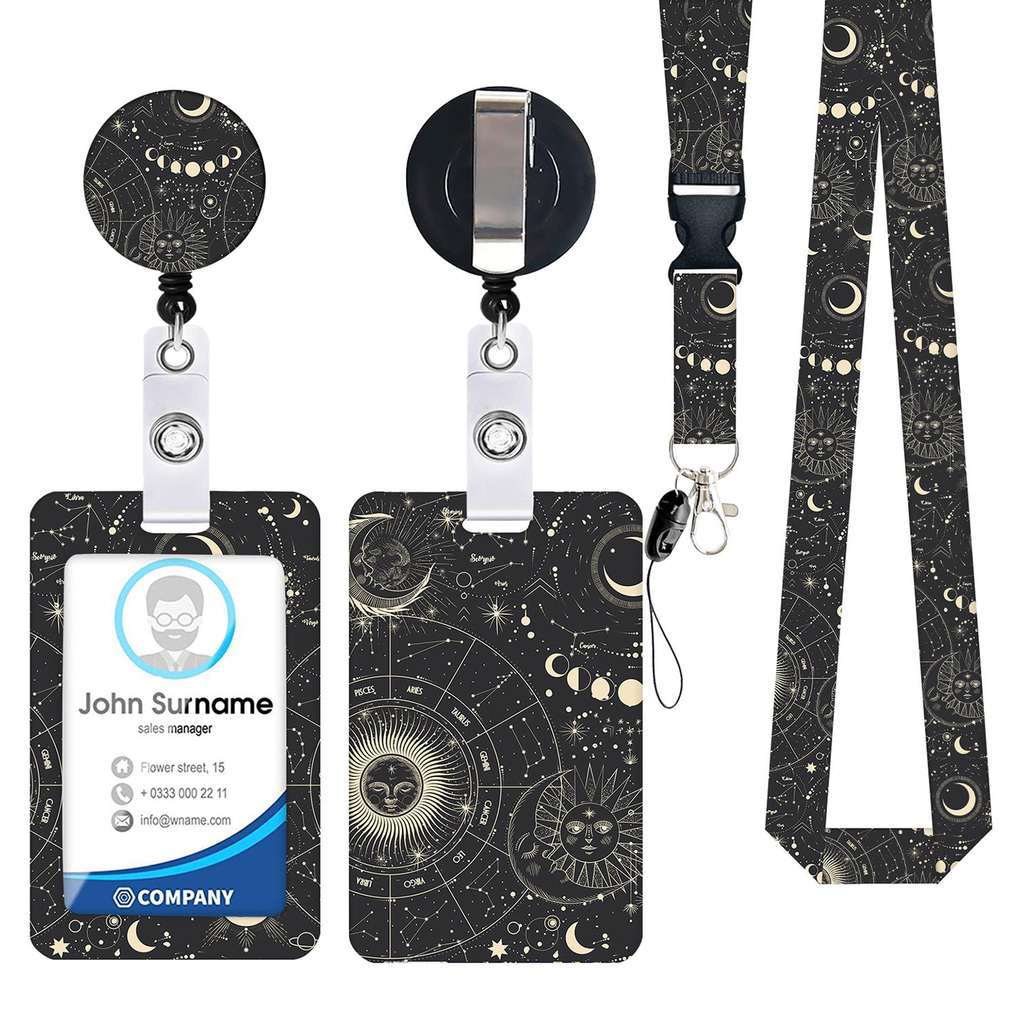 2-pcs Retractable ID Badge Reel Lanyard Set with Vertical Hard Plastic Card Holder - Black starry sky (Style V888-ELOSUNG26242
