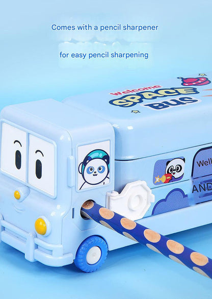 2-pcs Blue Fun School Bus Pencil Box with Built-in Sharpener - 3 Layer Large Capacity Stationery Box for Kids V888-ELOSUNG26253