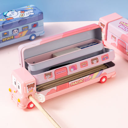 2-pcs Pink Fun School Bus Pencil Box with Built-in Sharpener - 3 Layer Large Capacity Stationery Box for Kids V888-ELOSUNG26254