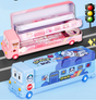 2-pcs (One pink and one blue) Fun School Bus Pencil Box with Built-in Sharpener - 3 Layer Large Capacity V888-ELOSUNG26255