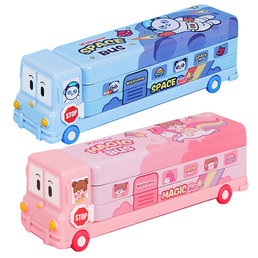 2-pcs (One pink and one blue) Fun School Bus Pencil Box with Built-in Sharpener - 3 Layer Large Capacity V888-ELOSUNG26255