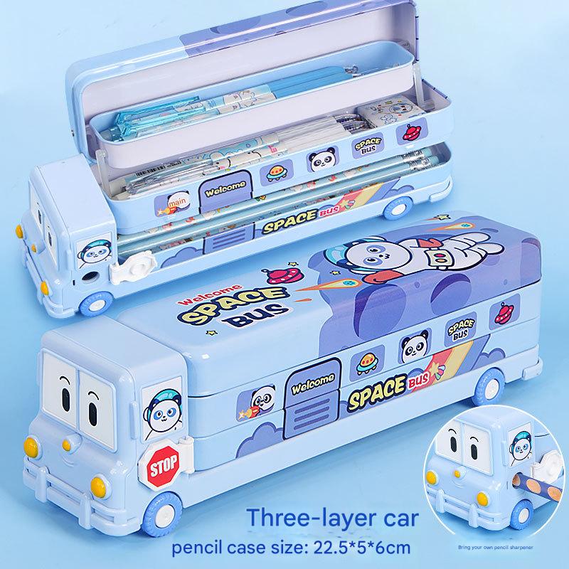 2-pcs (One pink and one blue) Fun School Bus Pencil Box with Built-in Sharpener - 3 Layer Large Capacity V888-ELOSUNG26255