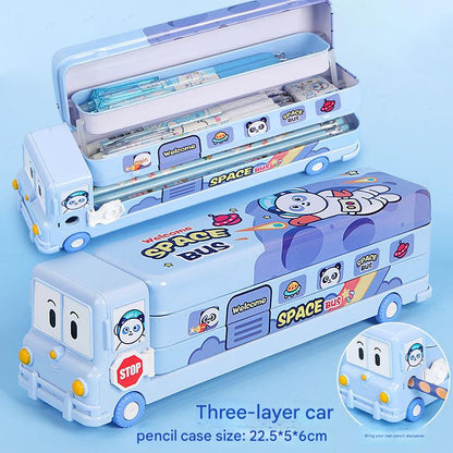2-pcs (One pink and one blue) Fun School Bus Pencil Box with Built-in Sharpener - 3 Layer Large Capacity V888-ELOSUNG26255