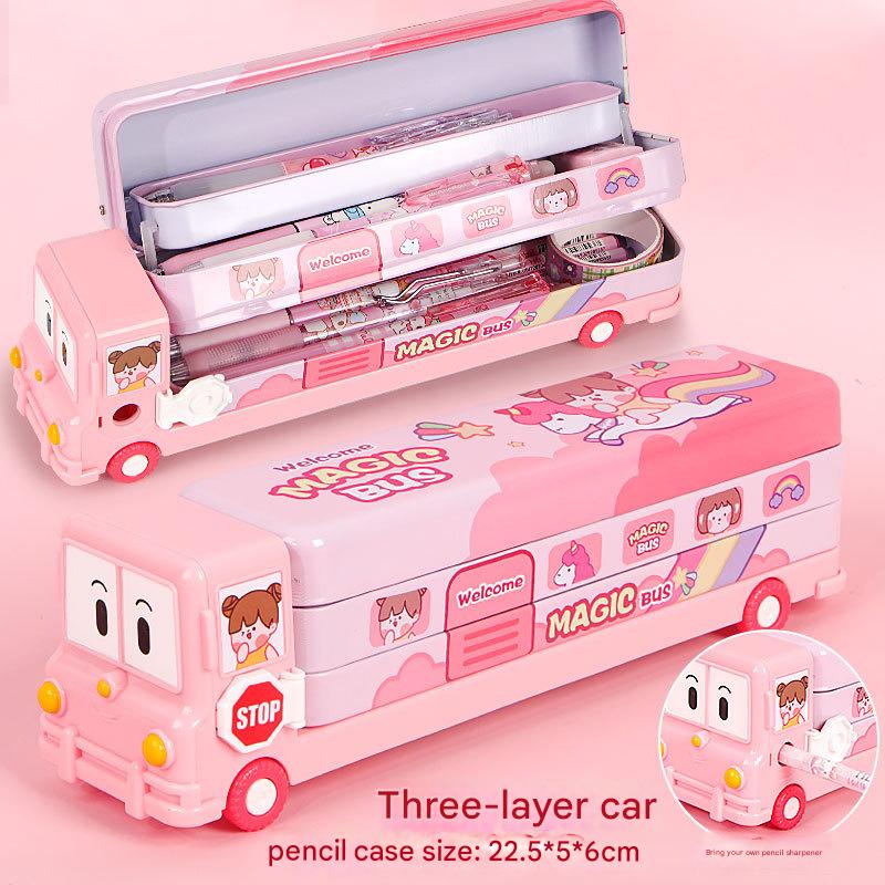 2-pcs (One pink and one blue) Fun School Bus Pencil Box with Built-in Sharpener - 3 Layer Large Capacity V888-ELOSUNG26255