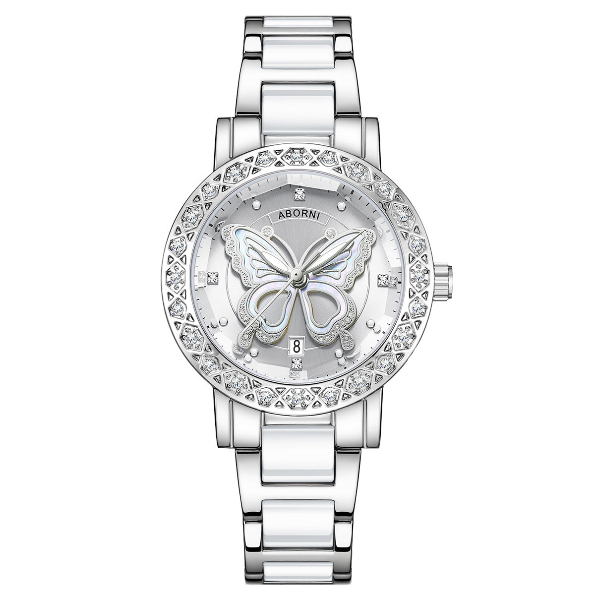 Women's Butterfly Quartz Watch with Ceramic Steel Strap and Luminous Hands (Silver shell white surface steel V888-ELOSUNG26277