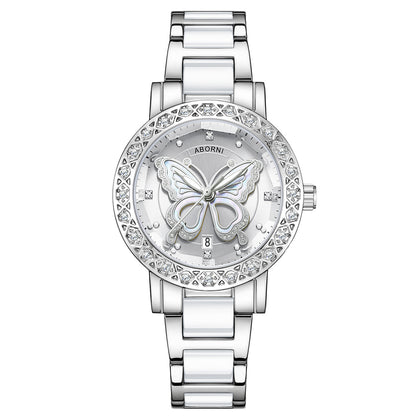 Women's Butterfly Quartz Watch with Ceramic Steel Strap and Luminous Hands (Silver shell white surface steel V888-ELOSUNG26277