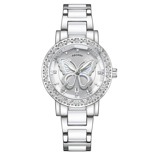 Women's Butterfly Quartz Watch with Ceramic Steel Strap and Luminous Hands (Silver shell white surface steel V888-ELOSUNG26277