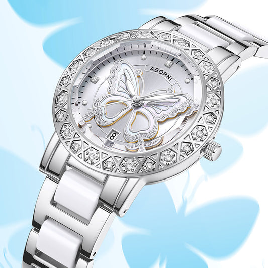 Women's Butterfly Quartz Watch with Ceramic Steel Strap and Luminous Hands (Silver shell white surface steel V888-ELOSUNG26277
