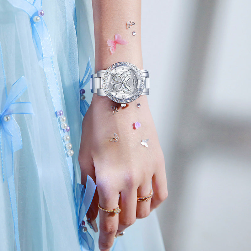 Women's Butterfly Quartz Watch with Ceramic Steel Strap and Luminous Hands (Silver shell white surface steel V888-ELOSUNG26277