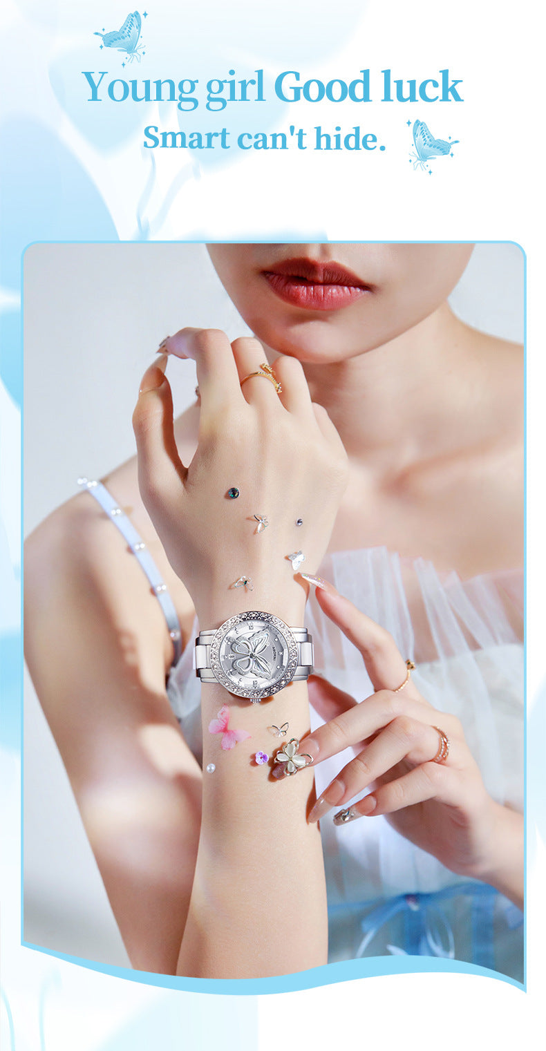Women's Butterfly Quartz Watch with Ceramic Steel Strap and Luminous Hands (Silver shell white surface steel V888-ELOSUNG26277