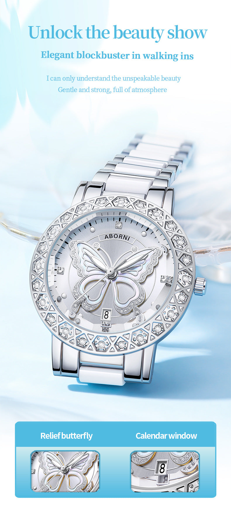 Women's Butterfly Quartz Watch with Ceramic Steel Strap and Luminous Hands (Silver shell white surface steel V888-ELOSUNG26277