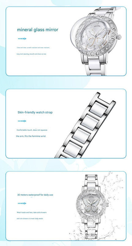 Women's Butterfly Quartz Watch with Ceramic Steel Strap and Luminous Hands (Silver shell white surface steel V888-ELOSUNG26277