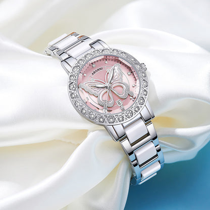 Women's Butterfly Quartz Watch with Ceramic Steel Strap and Luminous Hands (Silver shell powder surface steel V888-ELOSUNG26278