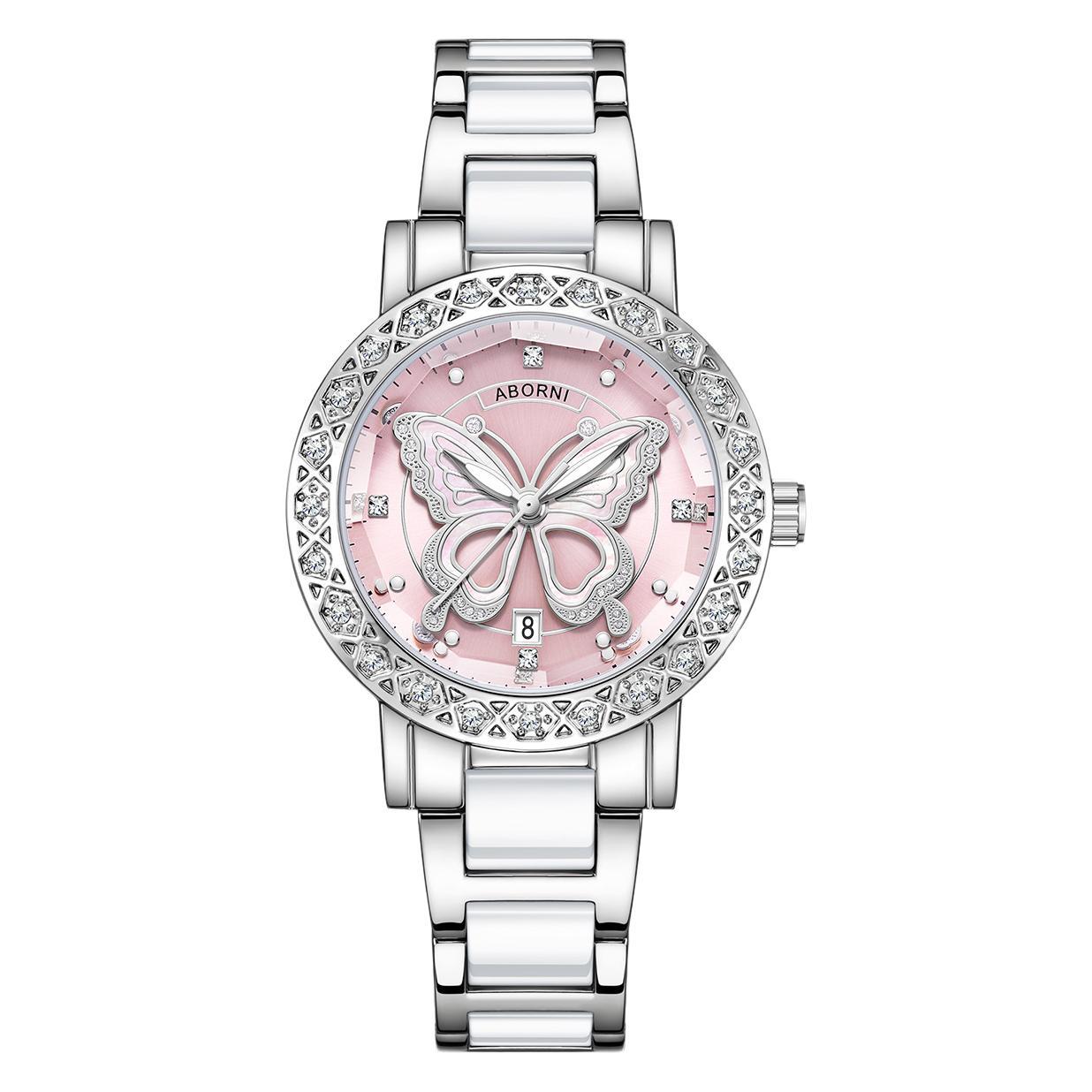 Women's Butterfly Quartz Watch with Ceramic Steel Strap and Luminous Hands (Silver shell powder surface steel V888-ELOSUNG26278