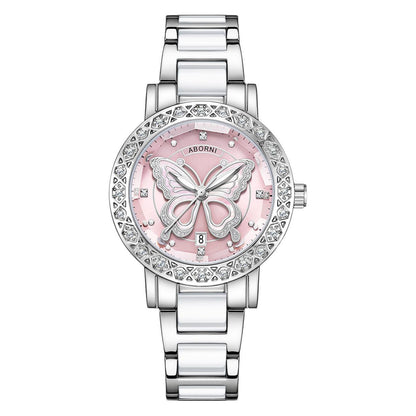 Women's Butterfly Quartz Watch with Ceramic Steel Strap and Luminous Hands (Silver shell powder surface steel V888-ELOSUNG26278