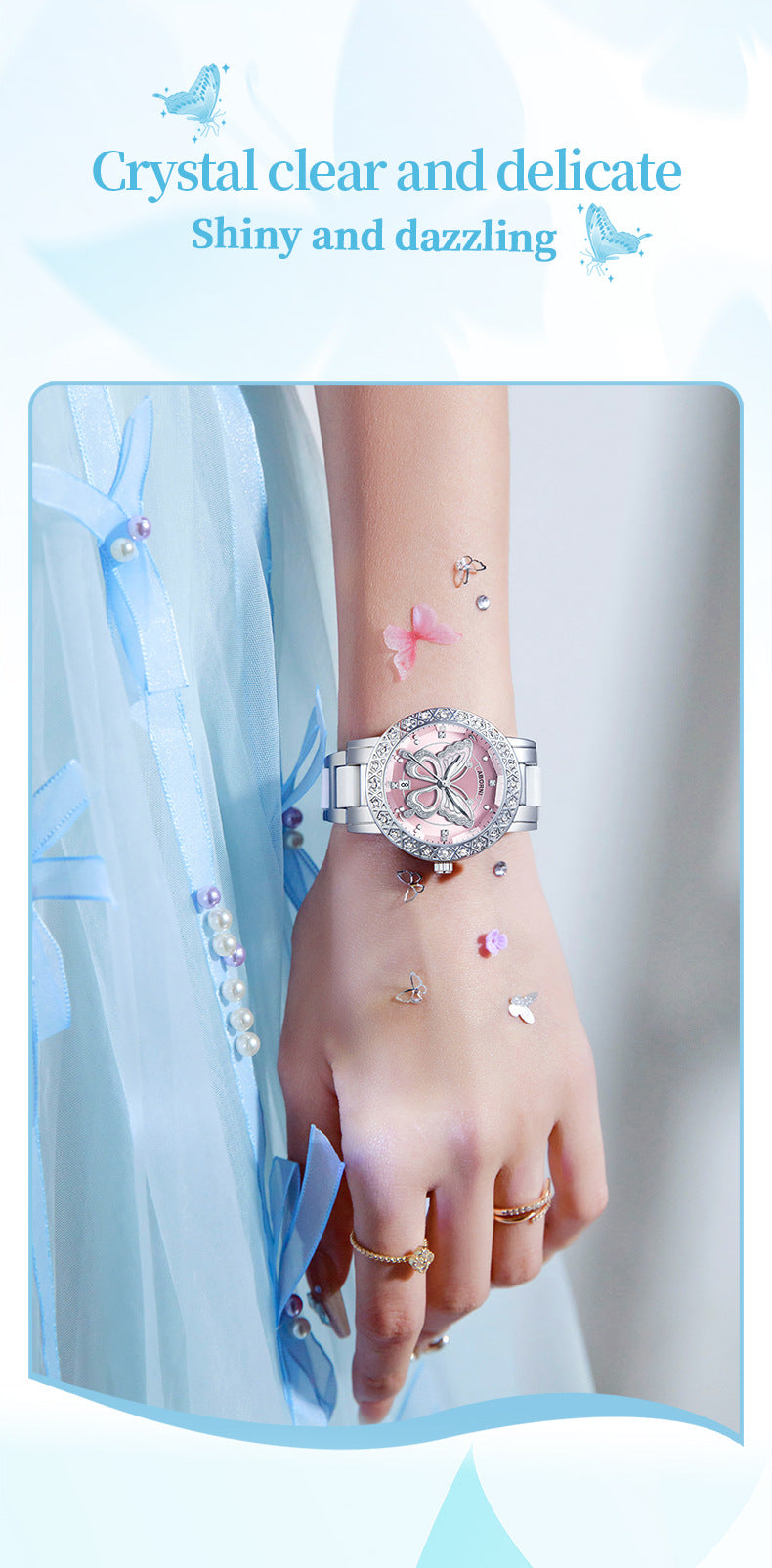 Women's Butterfly Quartz Watch with Ceramic Steel Strap and Luminous Hands (Silver shell powder surface steel V888-ELOSUNG26278