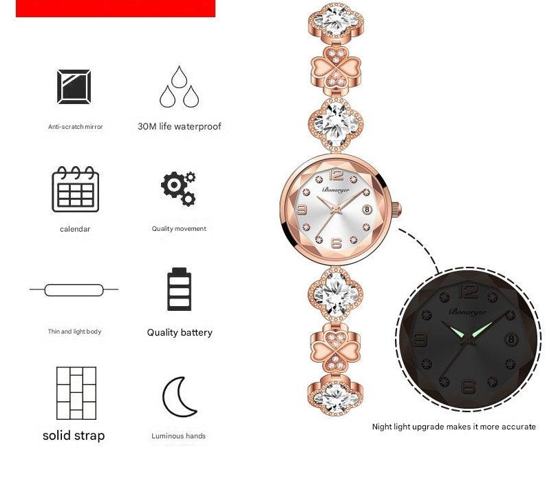 White Women's Four-Leaf Clover Quartz Watch with Red Dial and Crystal Accents V888-ELOSUNG26280