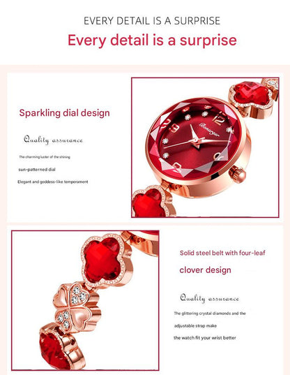 White Women's Four-Leaf Clover Quartz Watch with Red Dial and Crystal Accents V888-ELOSUNG26280