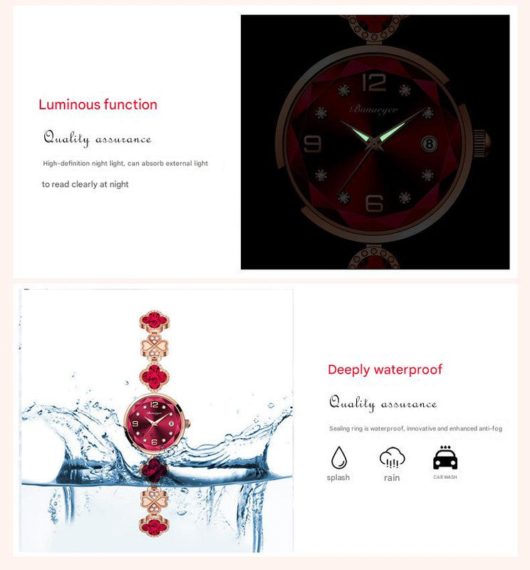 White Women's Four-Leaf Clover Quartz Watch with Red Dial and Crystal Accents V888-ELOSUNG26280