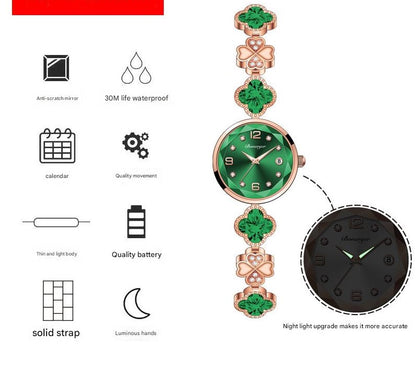 Green Women's Four-Leaf Clover Quartz Watch with Red Dial and Crystal Accents V888-ELOSUNG26281