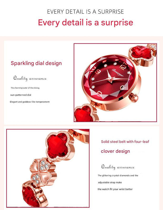 Green Women's Four-Leaf Clover Quartz Watch with Red Dial and Crystal Accents V888-ELOSUNG26281