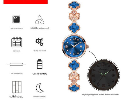 Blue Women's Four-Leaf Clover Quartz Watch with Red Dial and Crystal Accents V888-ELOSUNG26282