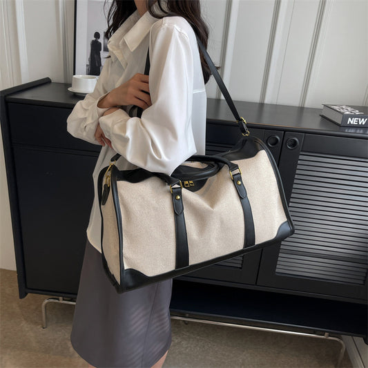 Black Contrast Color Women's Travel Bag - Canvas & PU Leather Trim Luggage (32x21x14cm) V888-ELOSUNG26296