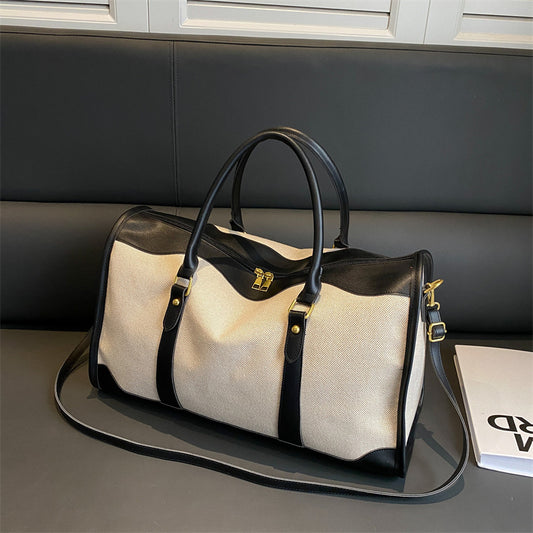 Black Contrast Color Women's Travel Bag - Canvas & PU Leather Trim Luggage (32x21x14cm) V888-ELOSUNG26296