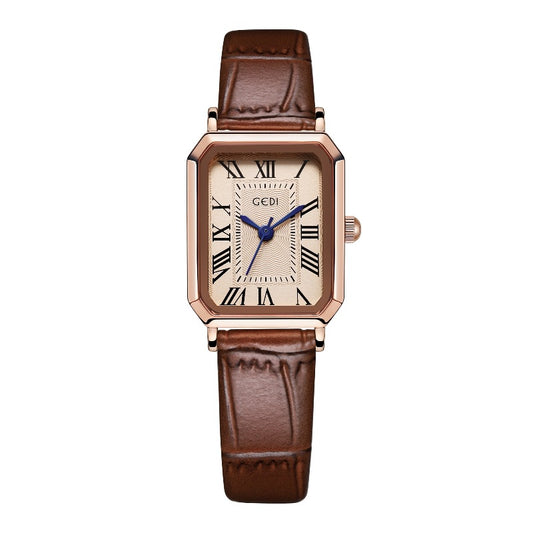 Rose gold shell lotus root plate coffee belt Ladies Quartz Watch - Classic Rectangular, Leather Band V888-ELOSUNG26304