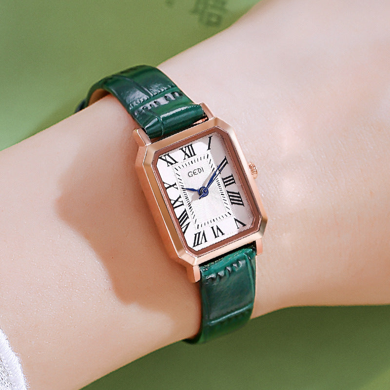 Rose gold shell, white plate, green belt Ladies Quartz Watch - Classic Rectangular, Leather Band V888-ELOSUNG26305