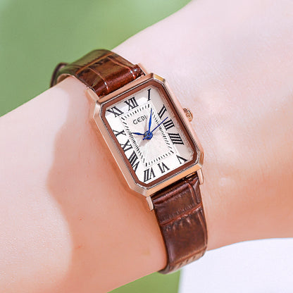 Rose gold shell, white plate and coffee strap Ladies Quartz Watch - Classic Rectangular, Leather Band V888-ELOSUNG26307