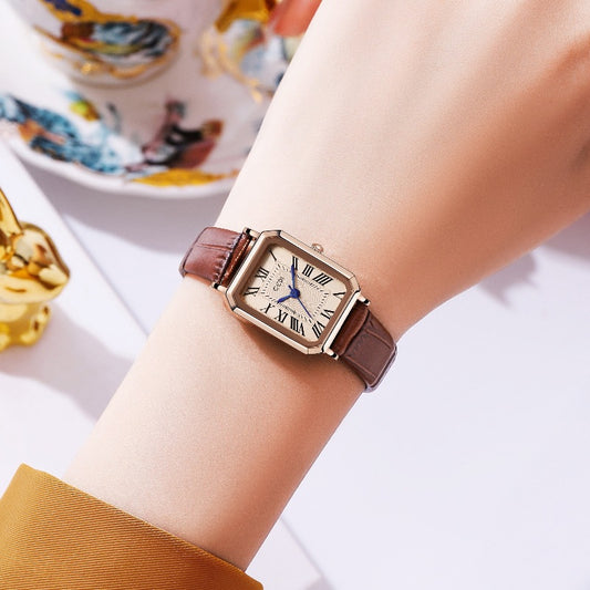 Rose gold shell, white plate and coffee strap Ladies Quartz Watch - Classic Rectangular, Leather Band V888-ELOSUNG26307